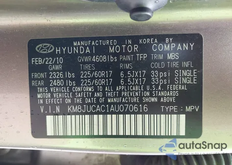 2010 Hyundai Tucson Gls из США, поврежденный, VIN KM8JUCAC1AU070616